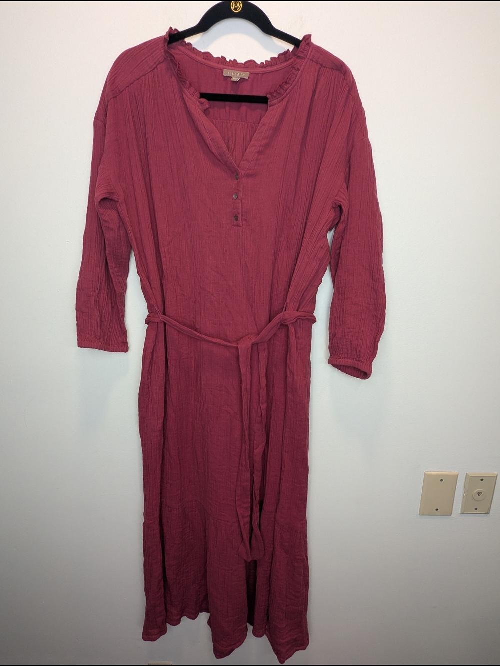 Lilla P Women's Raspberry Cotton Gauze Maxi Dress 3/4 Sleeve Large Bohemian